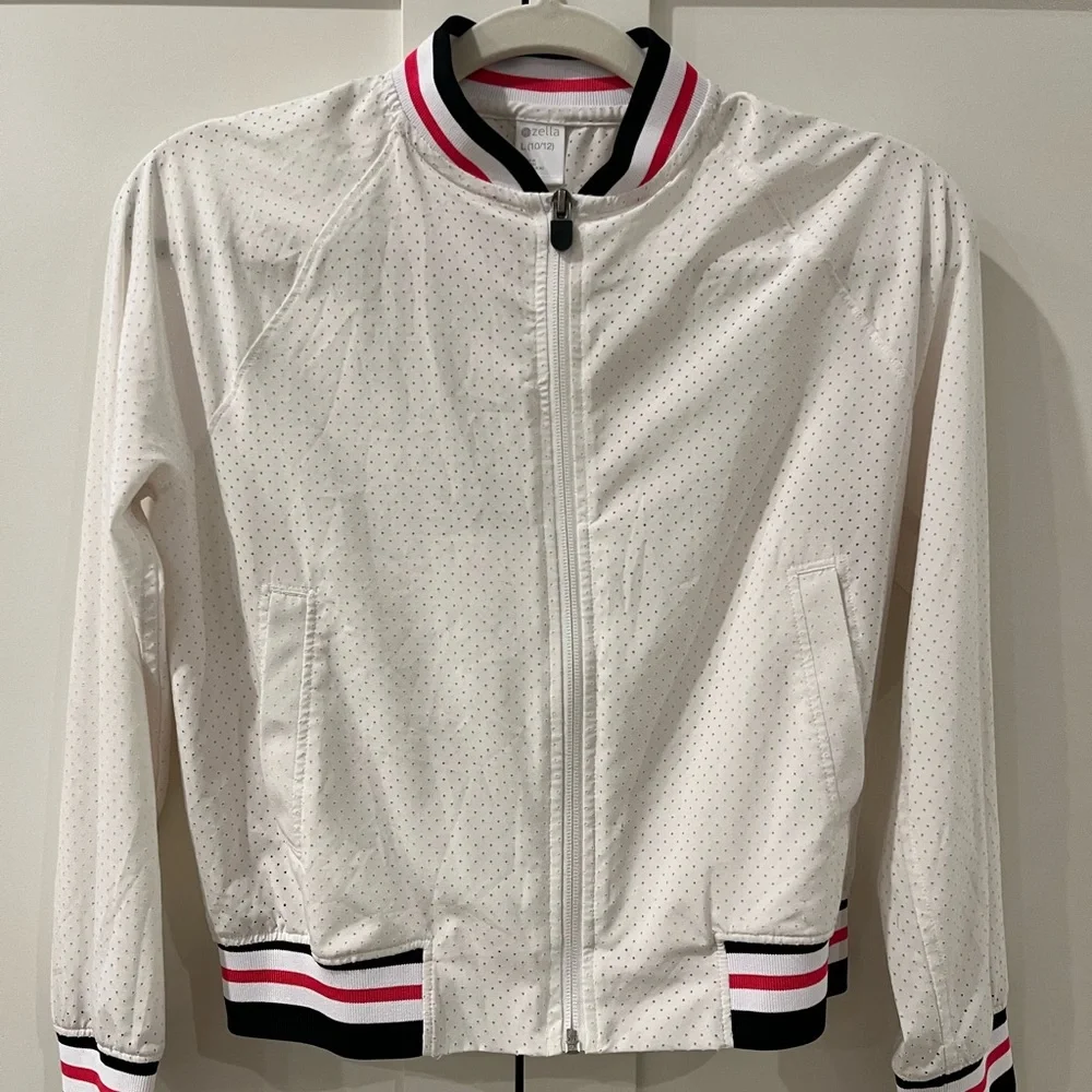 Zella Girls White Mesh Bomber Jacket Striped Collar Athletic | L 10/12